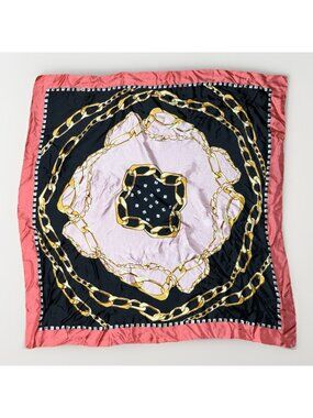 Large Vintage Pink Black Gold Square Silk Scarf Equestrian Chain Fashion 34”